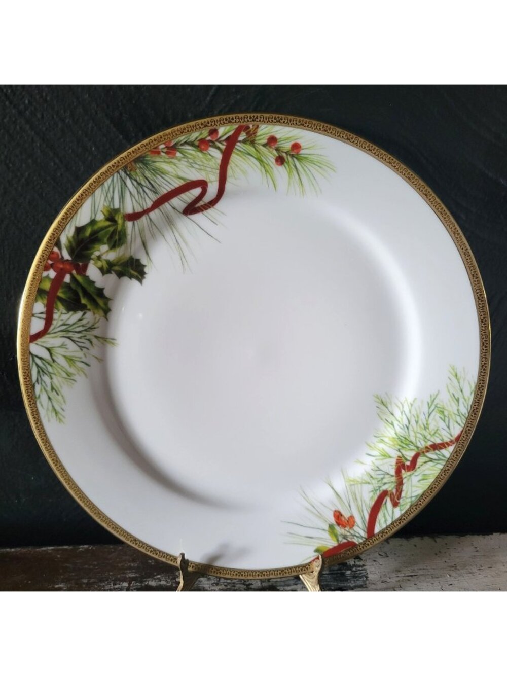 Charter Club Fashion Buffet Plate Gold Trim Holly and Pine Christmas Plate 11.5"